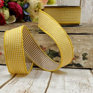 Golden Yellow Brown Gingham 1.5 x 10 yds Wire Edge Ribbon d.stevens Fall
